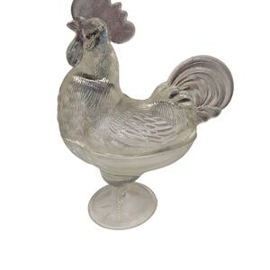 LE Smith Crystal Glass Rooster Candy Dish Pedestal Compote Vintage Clear 9 Inch